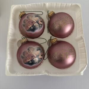 Krebs Glass Christmas Ornaments Glitter Cherub Music Notes Dusty Rose 4-2.5" VTG